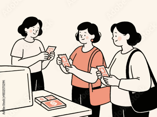 A simple illustration of someone buying a lottery ticket. Dreams. Becoming a millionaire. Cash prize.