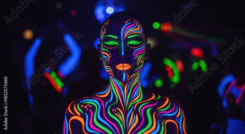 Wallpaper Mural Vibrant neon body art adorns a woman in a nightlife scene with blurred dancers Torontodigital.ca