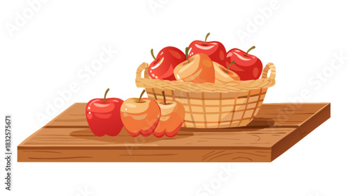 Freshly picked vibrant red and orange apples showcased in a rustic woven wicker basket with extra fruit on a natural wooden plank surface, great for harvest, healthy eating, and wholesome recipes.