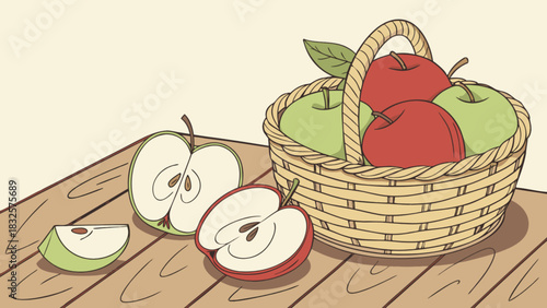 Colorful illustration of fresh red and green apples in a traditional woven wicker basket, with sliced apple halves and a wedge resting on a rustic wooden table backdrop