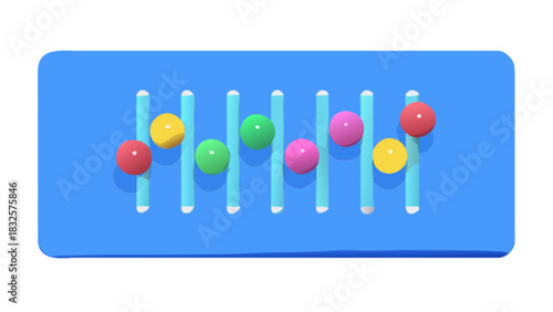 Colorful 3d spheres on a blue control panel with vertical light blue fader bars, representing adjustable settings, data customization, sound equalizer, or system parameters