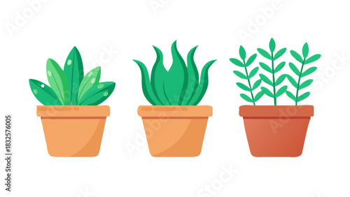 Three charming cartoon potted plants illustration showcasing diverse green foliage in stylish terracotta pots, representing growth, nature, gardening, and modern home decor elements.