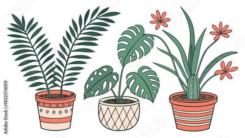 Collection of three unique hand-drawn potted houseplants, including a palm, a monstera adansonii, and a flowering succulent, in decorative pots, ideal for interior decor and botanical themes.