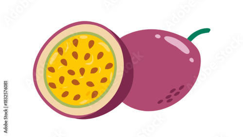 Tropical passion fruit vector illustration showcasing a vibrant whole fruit alongside a juicy half-cut fruit, revealing its exotic yellow pulp and edible seeds, perfect for healthy food designs.