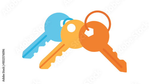 Colorful illustration of three flat design keys on a keyring, representing concepts of security, access, ownership, and solutions for home, property, or digital data unlocking