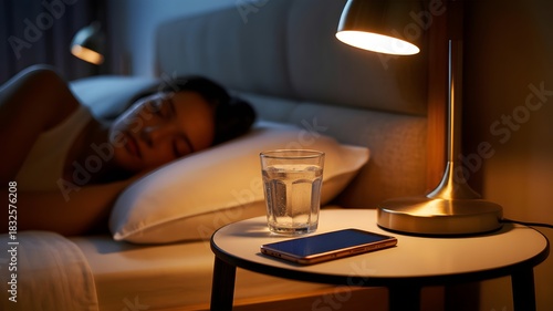Serene woman asleep in cozy bed with bedside lamp, water glass, and phone on nightstand