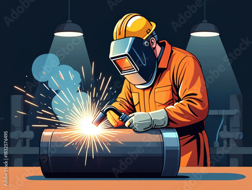 Skilled welder in orange uniform working on metal pipe
