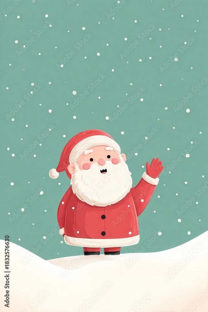 Obraz premium Cheerful Cartoon Santa Claus Wave in Snowy Winter Wonderland Scene