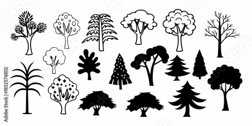 Black Silhouette Tree Icons Set – 100 Minimal Vector Trees Pack