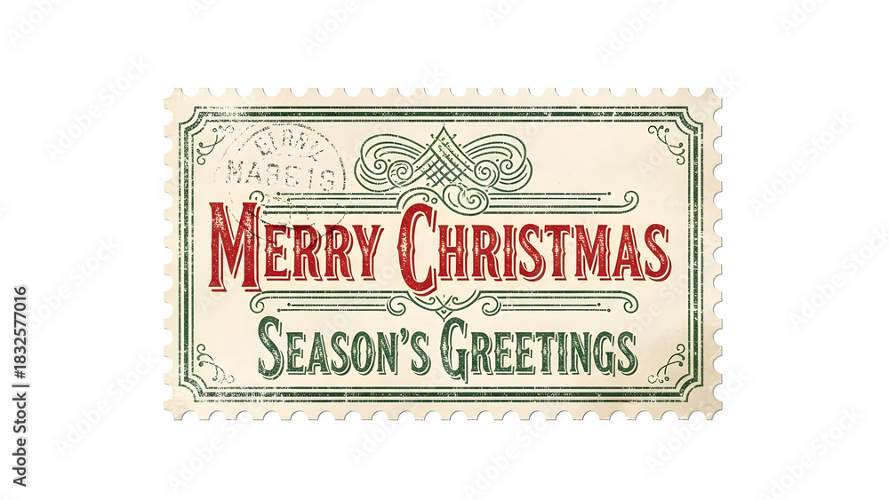 Fototapeta premium Vintage Christmas postage stamp with festive greetings and elegant script.