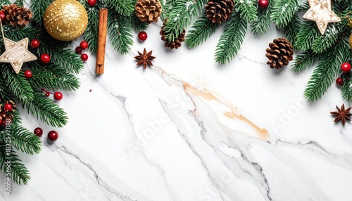 Festive Christmas border with fir branches pine cones berries and ornaments on marble background.