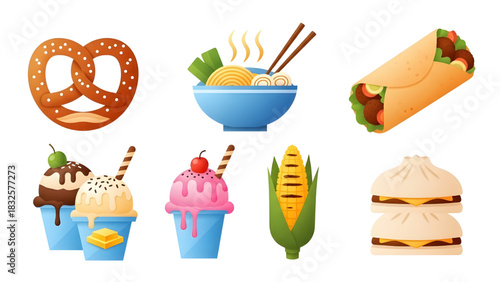Playful vector icons of global street foods — pretzel, ramen bowl, falafel wrap, ice cream cups, grilled corn, bao buns, vibrant palette, smooth gradients, simple geometric shapes
