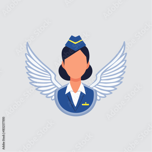 Elegant female flight attendant portrait with abstract wings, professional, on light grey background.
