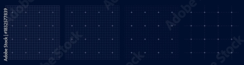 Dark digital grid set with multiple density options, UI interface elements, white cross points for design alignment, futuristic schematic visualization templates