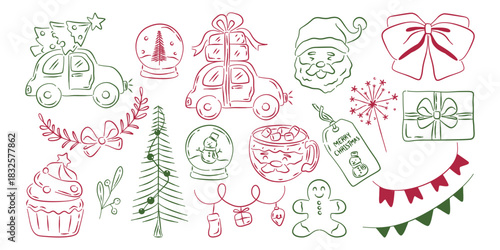 Hand-drawn retro Christmas line art set featuring cars with gifts, Santa, snow globes, cocoa mug, gingerbread man, and sweets.