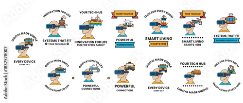 A series of images of people wearing virtual reality goggles