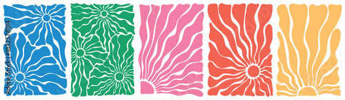 Groovy abstract flower and sun beautiful art. Vertical wavy vector illustration in blue, green, pink, red, yellow colors. Waves, swirl, twirl, flower, rays and rainbow pattern. Vintage 60s 70s 80s