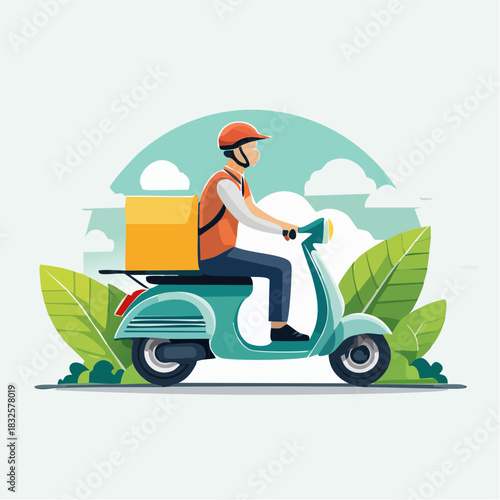 Busy Delivery Man Riding Green Scooter with Parcel Box in Green Outdoor Scene
