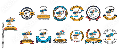 A series of badges with a man in a virtual reality headset