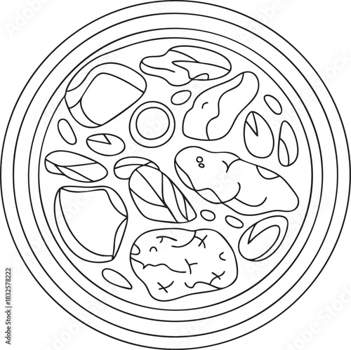 Black and white line art illustration of a circular pizza with toppings food vector