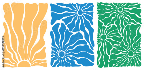Boho groovy beach sun sea. Groovy hippie 70s backgrounds. Various yellow, green, blue floral hippie poster templates, hand drawn abstract wavy patterns. Organic doodle shapes in trendy naive retro
