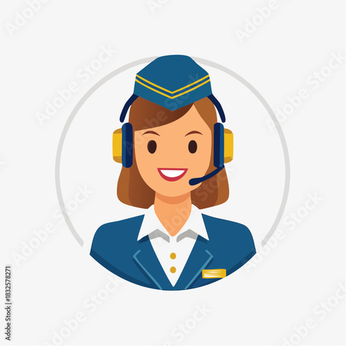 Friendly Female Flight Attendant Wearing Headset on Isolated White Background