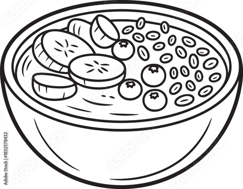 Black and white outline drawing of a bowl of oatmeal with blueberries and banana slices breakfast