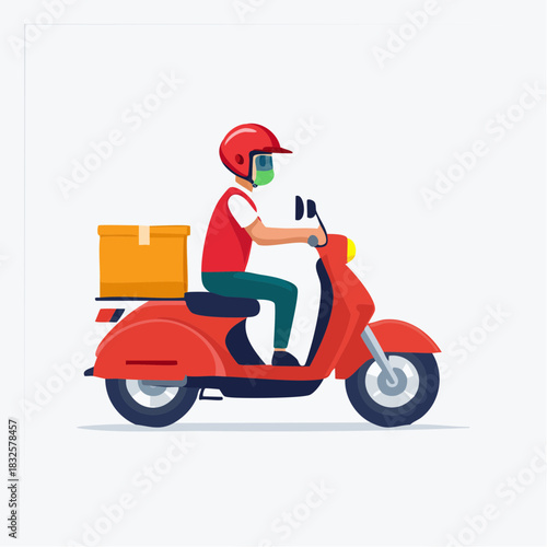 Male Delivery Rider in Red Uniform and Face Mask Riding Scooter with Package Box, isolated white background.