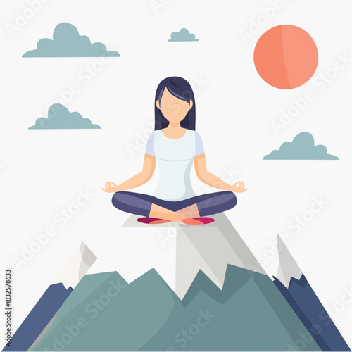 A woman meditates peacefully atop a mountain peak, surrounded by clouds and sun.