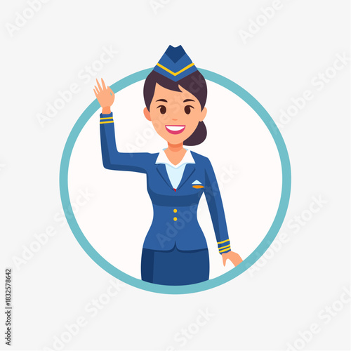 Smiling female flight attendant waves, wearing a blue uniform, inside a blue circle.
