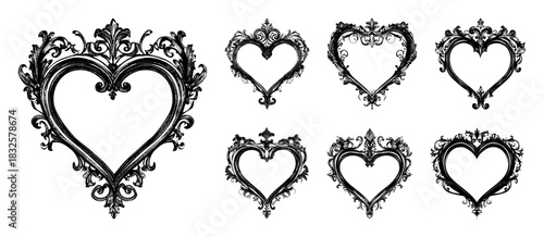 Collection of seven black heart-shaped frames with intricate vintage baroque details, ideal for romantic or decorative designs.