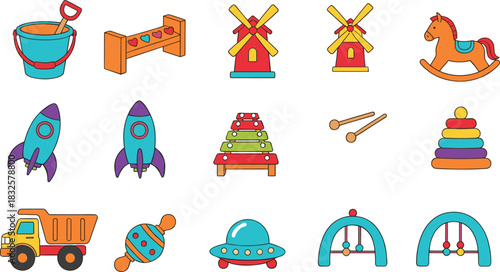 Colorful Flat Vector Icon Set of Children's Toys Including a Rocket, Dump Truck, Windmill, Rocking Horse, Xylophone, and Stacking Rings for Kids' Play.