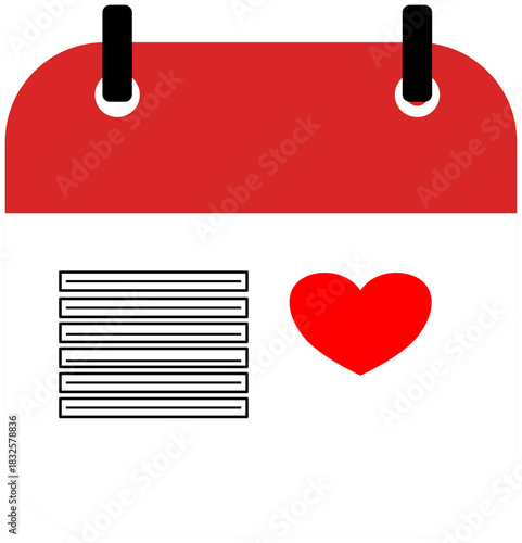Red and white calendar icon with heart and lines for special dates and reminders.