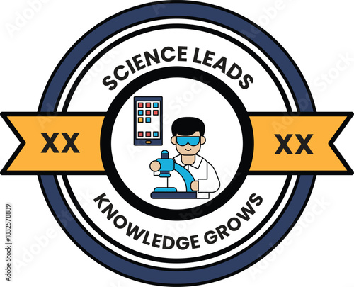 A round badge with a man in a lab coat holding a microscope