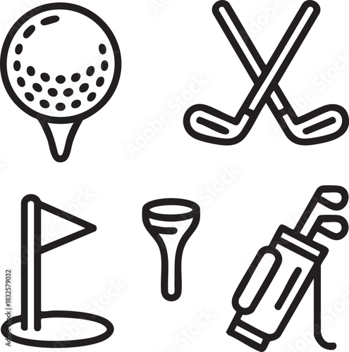Black outline icons of golf equipment including ball tee flag and clubs hole