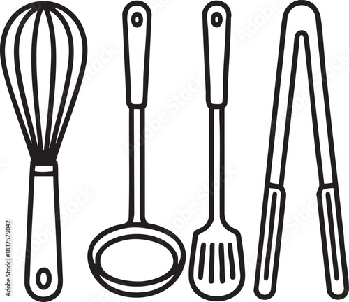 Black outline kitchen utensils whisk ladle spatula tongs on white background vector