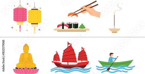 Flat Vector Illustration Set Representing Asian Culture and Travel with Sushi, Decorative Lanterns, Golden Buddha, and Traditional Red Junk Boat on Water.