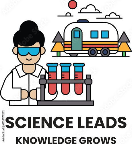 A woman in a lab coat holding a test tube with a sign that says Science Leads Kn