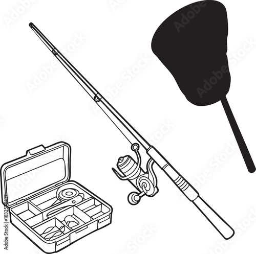 Fishing rod reel tackle box and net on white background vector