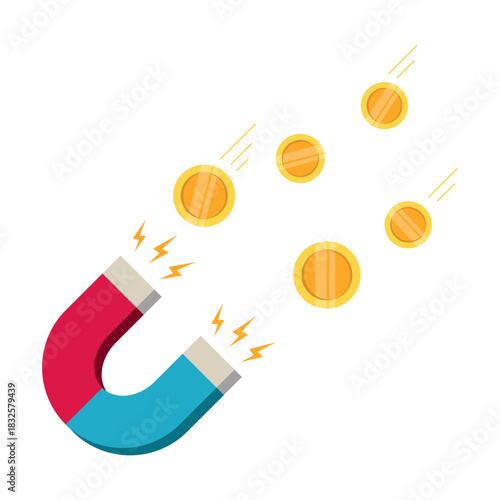 Flat Vector Illustration Of Magnet Attracting Money Coins Icon