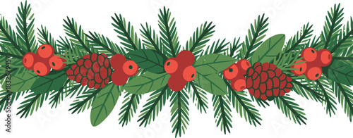 Christmas garland with pine needles red berries and pine cones