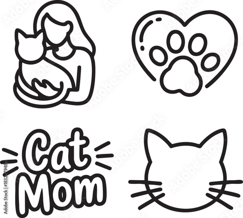 Four black and white line art icons of cats and cat related themes feline animal