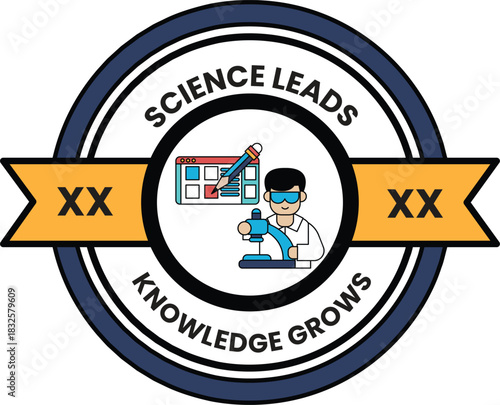 A science badge with a man holding a microscope