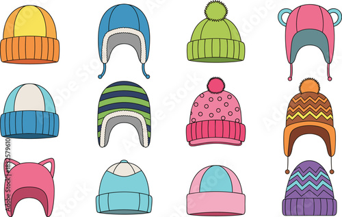 Colorful Cartoon Winter Hats and Beanies Vector Collection Featuring Knit Caps, Ear Flaps, Pom-Poms, and Stripes for Cold Weather and Fashion.