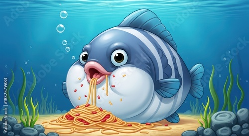 Cartoonish blue fish enjoying a delicious meal of spaghetti underwater scenery