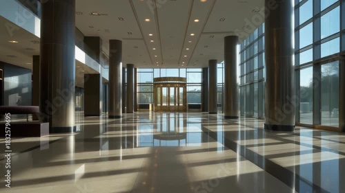 Gleaming, Empty Modern Hotel Lobby with Polished Floors and Sunlight