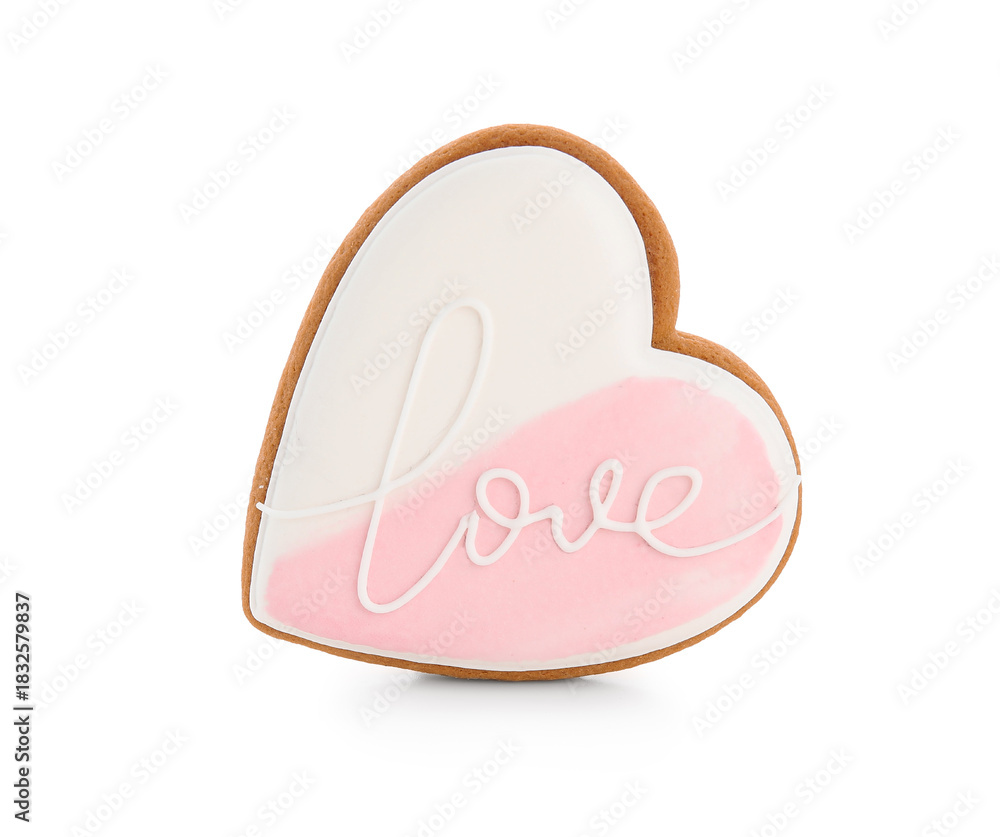 Obraz premium Sweet heart-shaped cookie on white background. Valentine's Day celebration