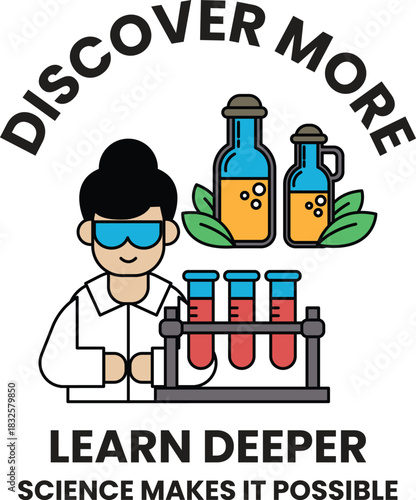 A woman in a lab coat is shown with a bottle of liquid in front of her