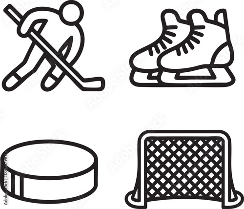 Hockey player skates puck and net simple line art icons sport