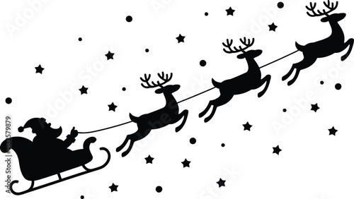 Santa Claus sleigh pulled by reindeer in starry night